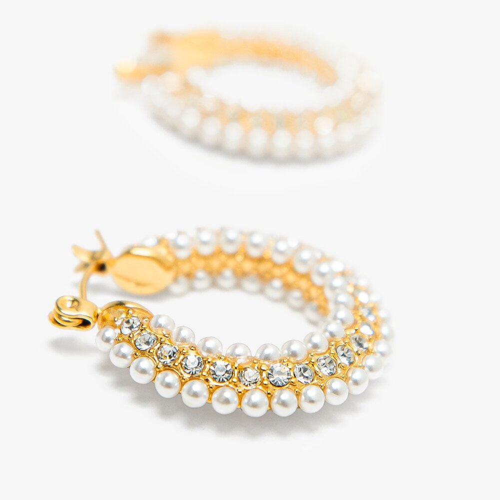 Zircon & Imitation Pearl Hoop Earrings 18K Gold Plated Stainless Steel - Picture 3 of 10